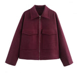 Fongt Women's Explosive Retro Fashion Simple Collar Big Pocket Zipper Wool Coat