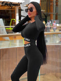Letter Print Bandage Women 2 Piece Set Long Sleeve Crop Top High Waist Leggings Set Matching Outfits Sportswear Work