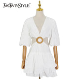TWOTWINSTYLE White Sexy Dress For Women V Neck Lantern Half Sleeve Hollow Out High Waist Mini Dresses Female Summer New
