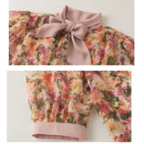 Floral Print Chiffon Blouse Women Korean Elegant Bow Tie Scarf Collar Sweet Shirts Loose Casual Short Sleeve Tops