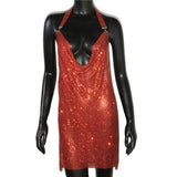 Crystal Rhinestone Drape Backless Dress 2023 NEW Mesh Sequin Bodycon Club Halter 2 Slits Evening Party Christmas Mini