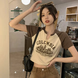 Fongt Girl V-Neck Short-Sleeved T-Shirt Women's Summer 2024 New Sweet Hot Retro Design Sense Short Student Top