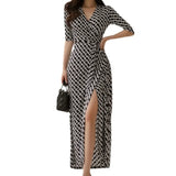 Fongt Summer Dress New Korean Version Of OL Temperament V-Neck Collar With Printed Retro Dress Fashion Dress