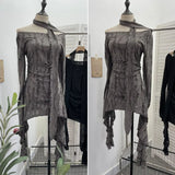 Fongt Dark Waste Soil Wind Makes The Old Hole Hanging Shoulder Hanging With Long Sleeves Irregularly Open Fork T-Shirt Skirt 9295