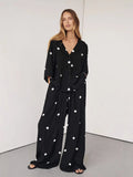 Fongt East New Women's Fashion Casual Chiffon Print Blouse Broad Leg Trousers Set