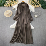 Fongt Wind Leisure Two Sets Of Women Loose Outside Thin Long-Sleeved Shirt Cover Skinny Sling Dress
