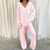 Autumn Winter Women 2PCS V Neck Long Sleeve Blouse Suits Matching Sets Casual Wide Leg Trousers Sets Solid Homewear