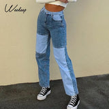 Patchwork Fashion Cargo Jeans Women High Waist Buttons Fly Streetwear Straight Pants 90s Retro Punk Straight Denim