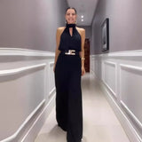 Fongt Summer New Fashion Round Collar Harness Waist Solid Color Wide Leg One-Piece Trousers Women-Outfit