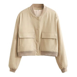 Fongt New Women's Fashion French Big Pocket Short Autumn Bomber Jacket Jacket