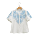 Fongt Women's New Bubble Sleeve Embroidered Short-Sleeved Shirt 2595