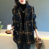 Fongt Autumn And Winter New Fashion Korean Loose Thin Retro Lattice Splicing Hundred Suit Collar Hair Coat Woman