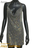 Rhinestone Backless Dress Sexy Deep V Neck Sleeveless Side Split Halter Dress Nightclub Party Evening