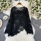 Fongt Cut-Cut Pattern Round-Neck Long-Sleeved Lace Women's Shirt 2025 Summer High-End Elegant Outerwear