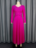 Fongt Pearl Evening Dress 2025 New V-Necked Long Sleeves Hundred Rolled Dress Party High Waist Dress Dress