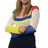 Long Sleeve Hollow Out Women's Crop Top Y2K Autumn Patchwork Female Pullover Color-Matching Casual Sweet Lady