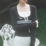 Long-Sleeved Blouses With 2024 Lace Lace Stitched Square Collar T-Shirts In Early Autumn-Outfit
