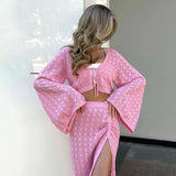Fongt Wears A Solid Color Knitted Hollow Suit Female Senior Sense Sister Horn Sleeve Topsuit