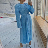 Fongt Women's Wear 2023 New Long Sleeve Belt Pleated Dress Temperament Commuting High Sense Loose Skirt-Outfit