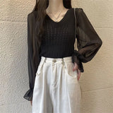 Fongt Temperament Spliced Chiffon Sleeve Long-Sleeved Top Women's Spring And Autumn New Design Sense Slimming