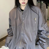 Fongt Vintage Multi-Zipper Work Jacket Female Popular Logo Loose Harajuku Style Baseball Uniform Versatile Jacket-Outfit