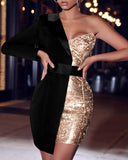 One Shoulder Pactwork Long Sleeve Party