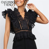 Lace Tanks Tops Openwork V-Neck Backless Sleeveless short Tanks Summer Black Lace Banquet Elegant Female Party Tops