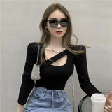 Fongt 2023 New Style Design Sense Careful Machine Hollow T-Shirt Solid Color All-Match Slim Thin Long-Sleeved Jacket Female