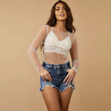 Fongt Spring And Summer Explosion Of Women's Clothing Beads Big Diamond Perspective Mesh Top