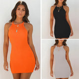 Fongt Spring And Summer Sexy Ribbed Small Halter Dress Solid Color Knit Show Thin Commuter