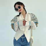 TWOTWINSTYLE Patchwork Colorblock Shirt For Women V Neck Long Sleeve Loose Blouses Female Fashion Spring Clothing Style New