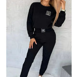 Fongt 2025 Solid Color Round Collar Trousers Women's Fashion Leisure Long Sleeve Set