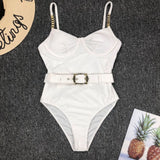 Solid White Buckle One Piece Swimsuit Women High Cut Metal Chain Strap Push Up Bra Monokini Bathing Suit Bodysuit