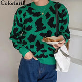New 2021 Women Autumn Winter Sweaters Knitted Elegant Leopard Warm Fashionable Oversized Vintage Lady Tops