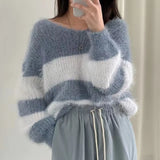 Fongt Chic Autumn/Winter Vintage Lazy Loose Round Collar Ctriped Striped Knitted Jerseys On The Head Of The