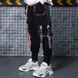 Personality Hip-Hop Tide Card Loose Movement Machine Can Overalls Men's Letter Large Pocket Ribbon Leisure Rainbow Pants-Outfit