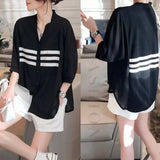 Striped Patchwork Midi Blouse Three Quarter Spring Summer Women's Clothing V-Neck Casual Single-breasted Loose Shirt-Outfit