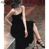 Women Elegant Spaghetti Strap Midi Black Velvet Dress Sexy Prom Evening Party Birthday Club Fashion