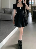 Backless Lolita Gothic Dress Women Bow Puff Sleeve Kawaii Party Mini Dress Female Casual Korean Fashion Sweet Dress