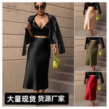 2024 New Women's Satin Slim Skirt Satin Solid Color Medium-Long Buttocks Fishtail Skirt-Outfit