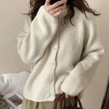 Soft Waxy Round Neck Long-Sleeved Knitted Cardigan Women's 2024 Autumn And Winter Short Lazy Style Solid Color Sweater Jacket-Outfit