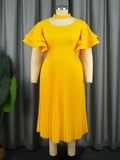 Fongt Casual Comfort Hollow Collar Folding Skirt Elegant Style Level Feel Horn Sleeve Dress Dress Dress