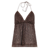 Fongt Sequin Sexy Hottie V-Neck Solid Color Hanging Neck With Small Vest 2025