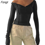 Women Y2k Ruched Slim Fit Crop Tshirts Long Sleeve Low Cut Fitted Knit Shirt Top Sexy Ribbed Cropped Blouse Tee Tops