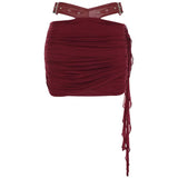 Fongt Leather Suit PU Leather Splicing Waist Tsets Hollow Folding Net Lace-Uped Ass Skirt