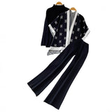 Fongt Ocean Gas Three-Piece Loose Wind Letter Embroidered Cardigan Jacket Bottom High Collar Knitting Tops Broad Legs