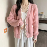 Long-Sleeved Knitted Cardigan V-Collar Warm Soft Style Design Feeling First Love Blouse Female Pink Soft Waxy Coat Autumn-Outfit