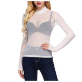 Ins Sexy Women's Tight-Nair With Long-Sleeved T-Shirts To The Perspective Of High-Necked Shirt Mesh