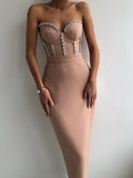 2023 New Women'S Fashion Bead Chain Crystal Design Long Dress Sexy Sleeveless Backless Celebrity Party Bandage
