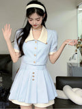 Kawaii Two Piece Set Women Patchwork Vintage Sweet Mini Skirt Set Female Button Korean Fashion Skirt Suit 2023 Summer